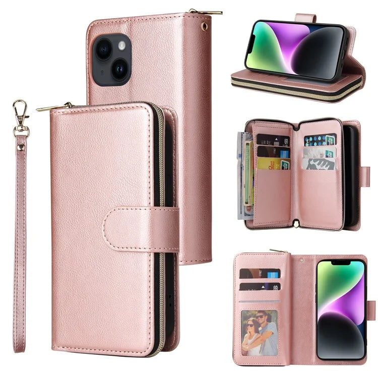 For iPhone 14 Leather Case Card Slots Zipper Wallet Mobile Phone Cover