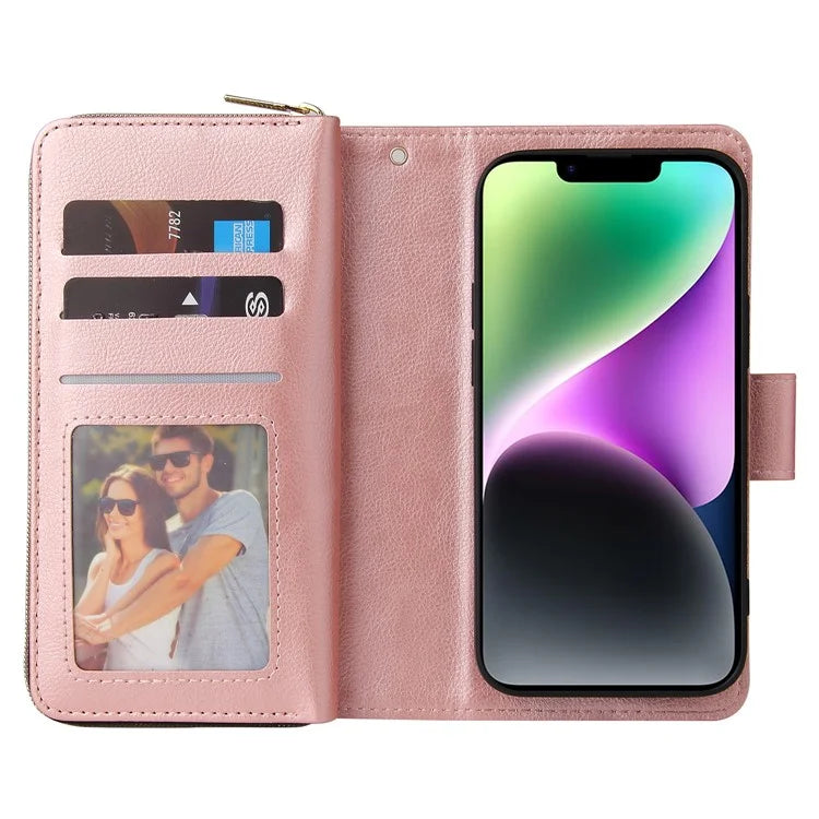 For iPhone 14 Leather Case Card Slots Zipper Wallet Mobile Phone Cover
