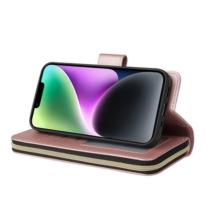 For iPhone 14 Leather Case Card Slots Zipper Wallet Mobile Phone Cover