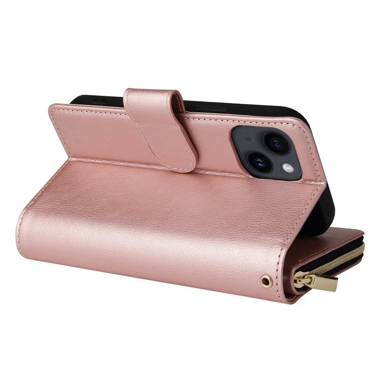 For iPhone 14 Leather Case Card Slots Zipper Wallet Mobile Phone Cover