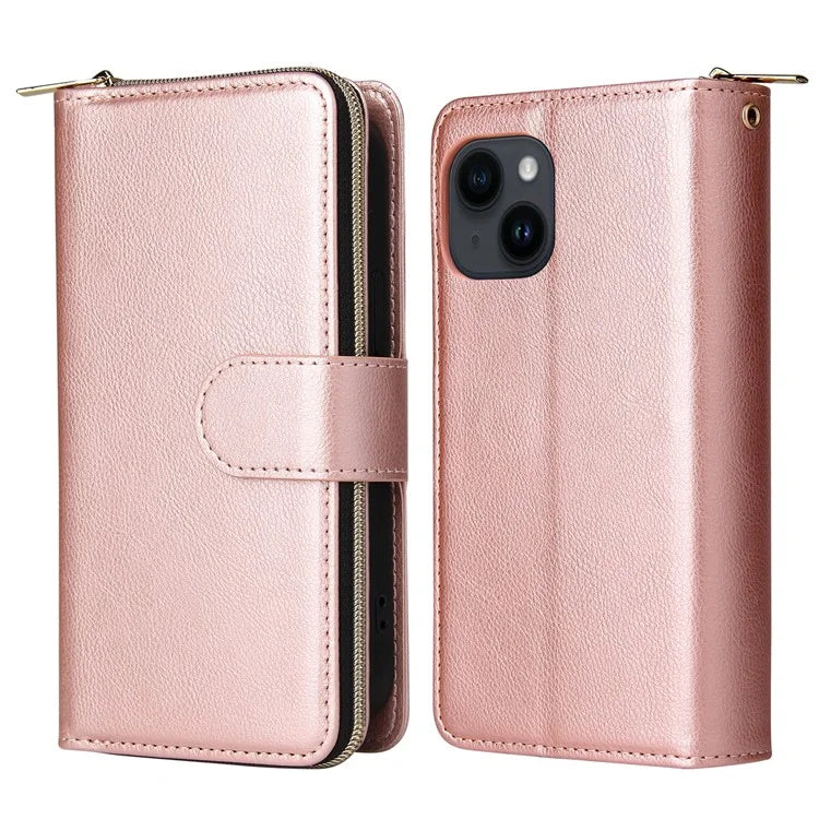 For iPhone 14 Leather Case Card Slots Zipper Wallet Mobile Phone Cover