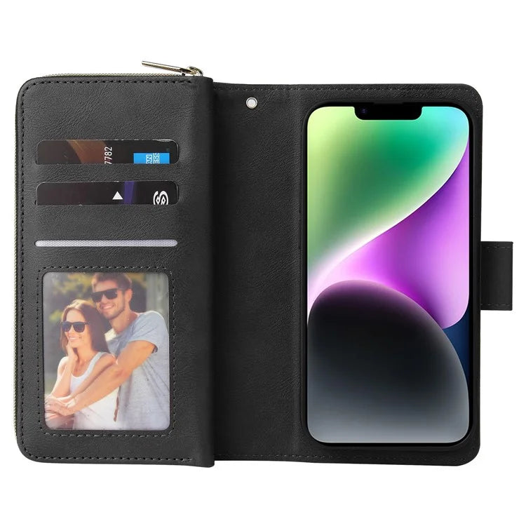 For iPhone 14 Leather Case Card Slots Zipper Wallet Mobile Phone Cover
