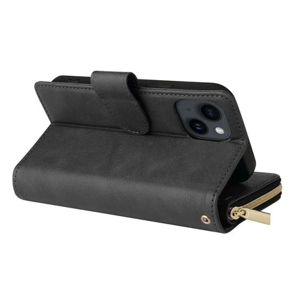 For iPhone 14 Leather Case Card Slots Zipper Wallet Mobile Phone Cover