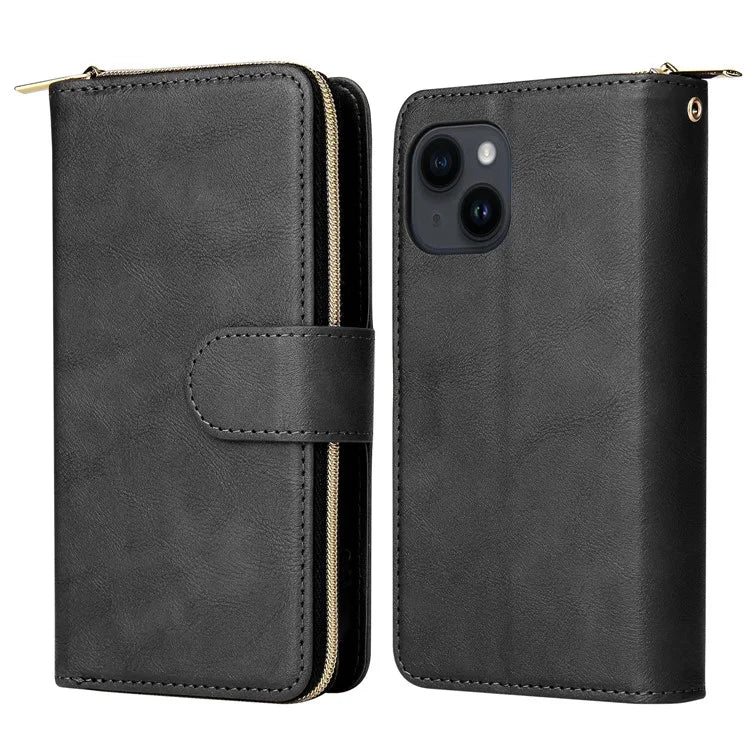 For iPhone 14 Leather Case Card Slots Zipper Wallet Mobile Phone Cover