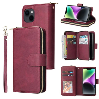 For iPhone 14 Leather Case Card Slots Zipper Wallet Mobile Phone Cover