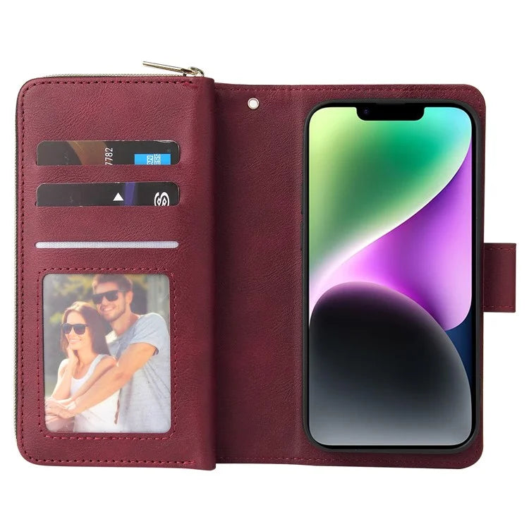 For iPhone 14 Leather Case Card Slots Zipper Wallet Mobile Phone Cover