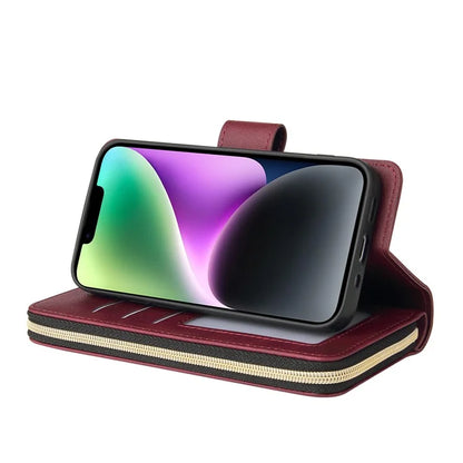 For iPhone 14 Leather Case Card Slots Zipper Wallet Mobile Phone Cover