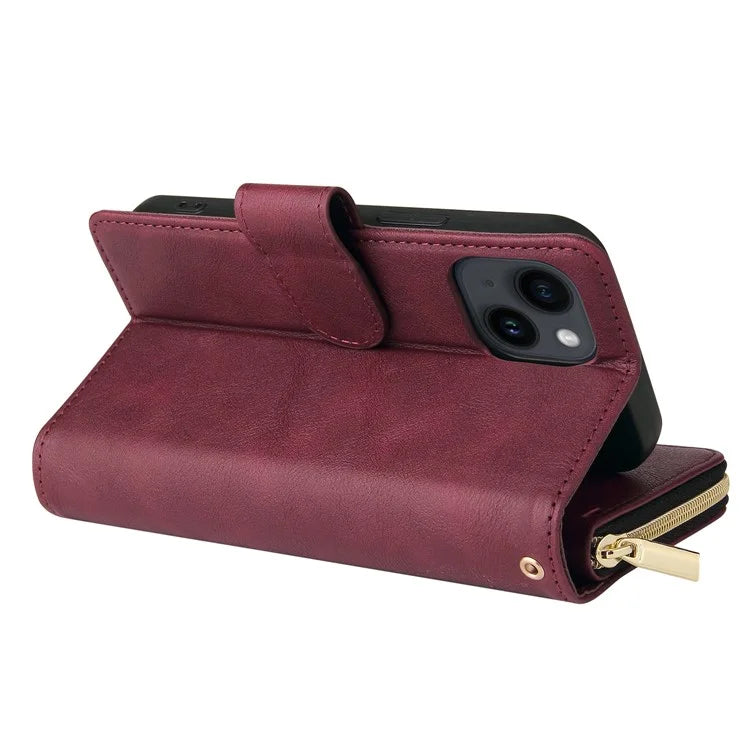 For iPhone 14 Leather Case Card Slots Zipper Wallet Mobile Phone Cover