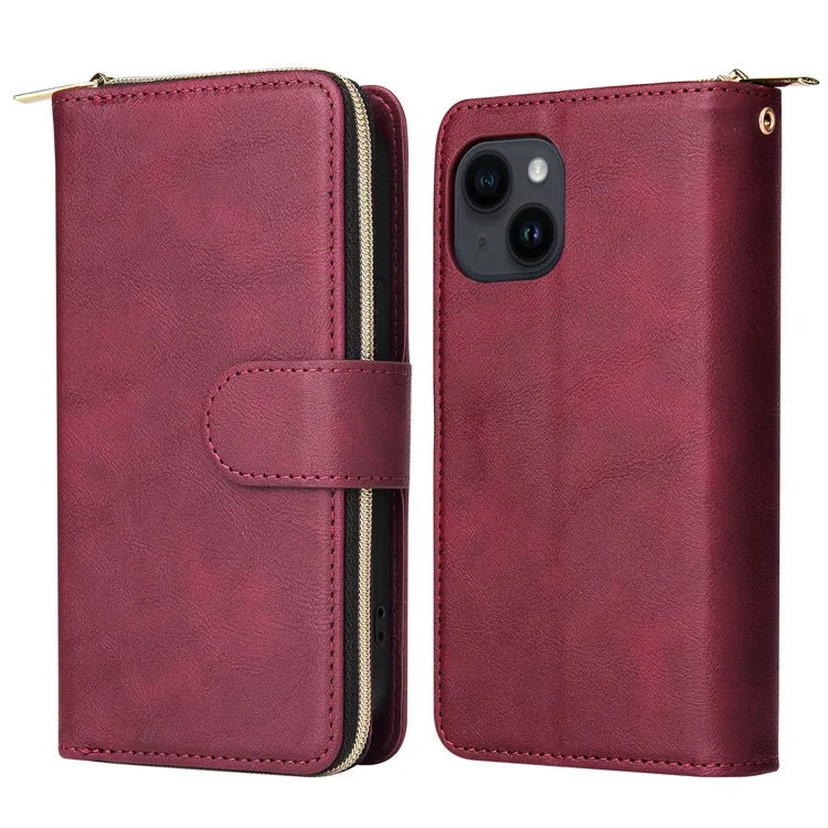 For iPhone 14 Leather Case Card Slots Zipper Wallet Mobile Phone Cover