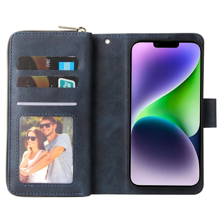 For iPhone 14 Plus Case Zipper Pocket TPU+PU Leather Phone Stand Cover