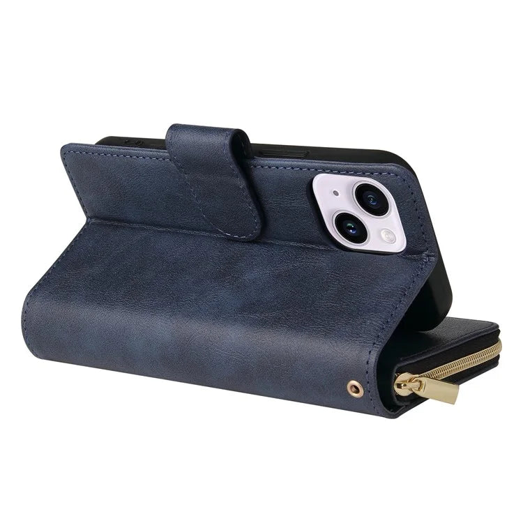 For iPhone 14 Plus Case Zipper Pocket TPU+PU Leather Phone Stand Cover