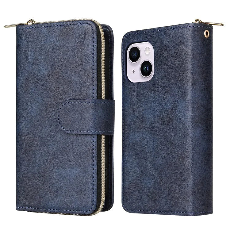 For iPhone 14 Plus Case Zipper Pocket TPU+PU Leather Phone Stand Cover