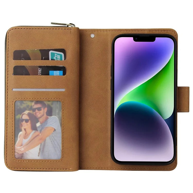 For iPhone 14 Plus Case Zipper Pocket TPU+PU Leather Phone Stand Cover