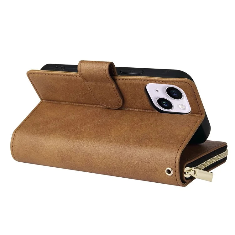 For iPhone 14 Plus Case Zipper Pocket TPU+PU Leather Phone Stand Cover