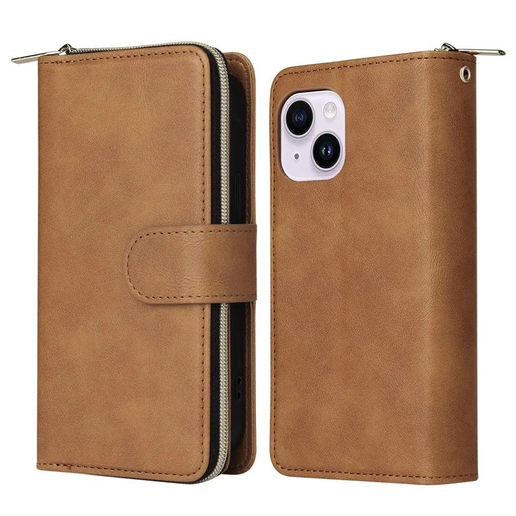 For iPhone 14 Plus Case Zipper Pocket TPU+PU Leather Phone Stand Cover