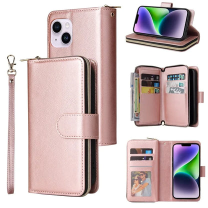 For iPhone 14 Plus Case Zipper Pocket TPU+PU Leather Phone Stand Cover