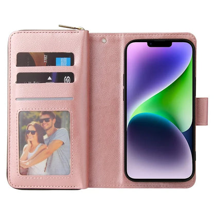 For iPhone 14 Plus Case Zipper Pocket TPU+PU Leather Phone Stand Cover