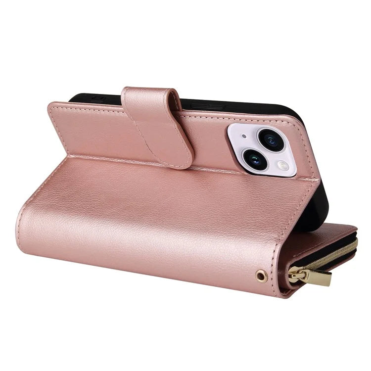 For iPhone 14 Plus Case Zipper Pocket TPU+PU Leather Phone Stand Cover