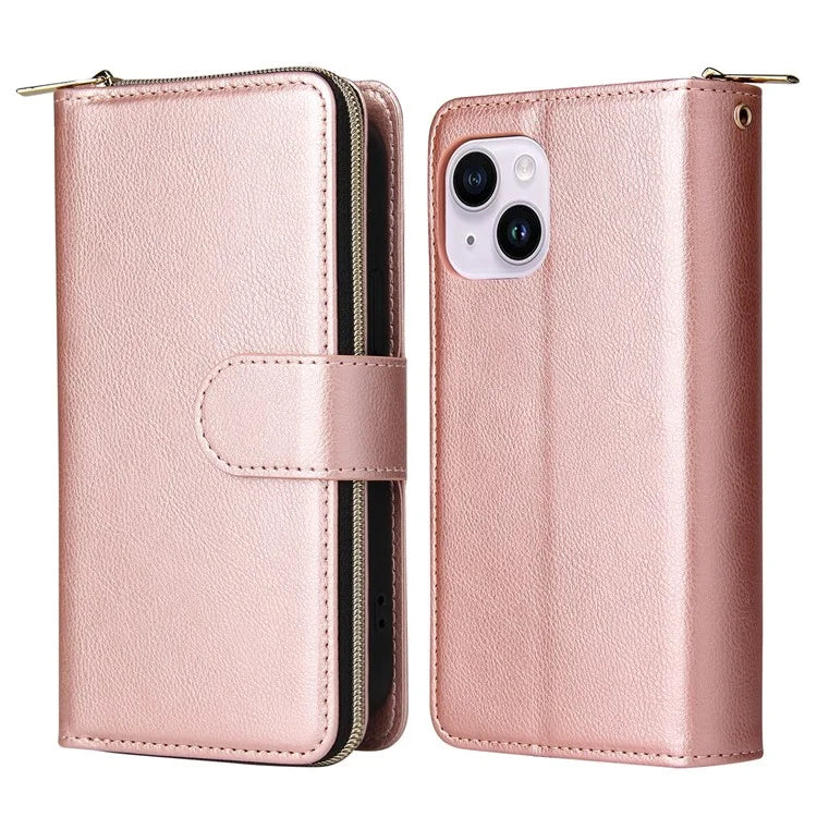 For iPhone 14 Plus Case Zipper Pocket TPU+PU Leather Phone Stand Cover