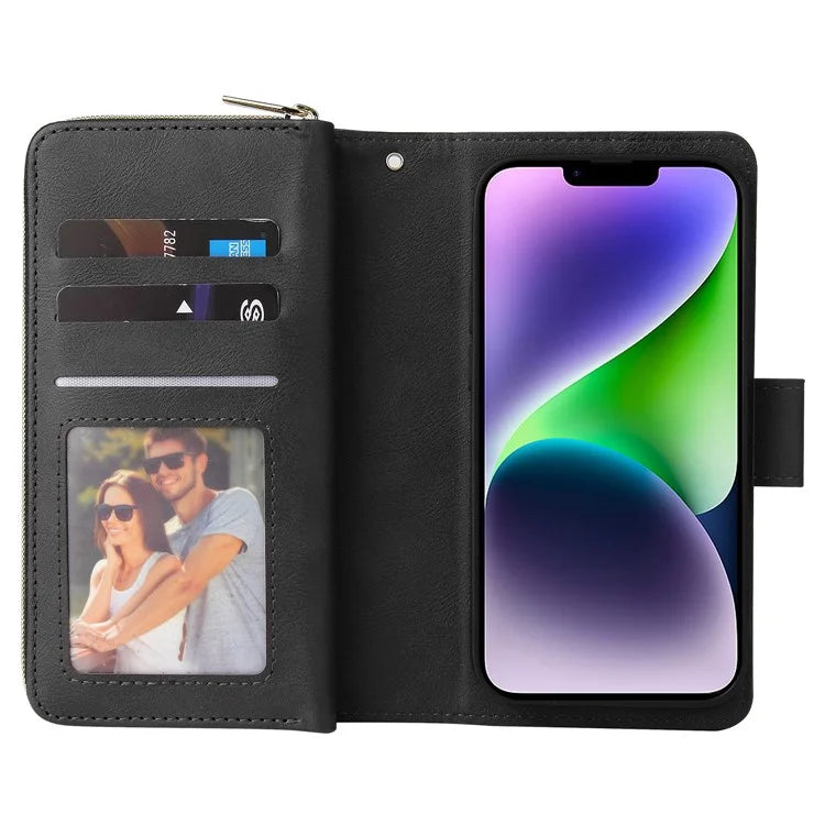 For iPhone 14 Plus Case Zipper Pocket TPU+PU Leather Phone Stand Cover