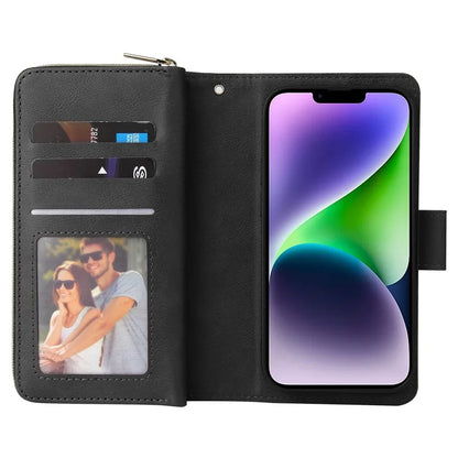 For iPhone 14 Plus Case Zipper Pocket TPU+PU Leather Phone Stand Cover