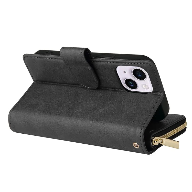 For iPhone 14 Plus Case Zipper Pocket TPU+PU Leather Phone Stand Cover