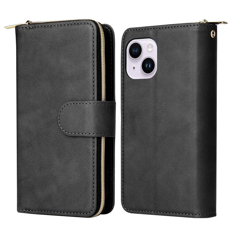 For iPhone 14 Plus Case Zipper Pocket TPU+PU Leather Phone Stand Cover