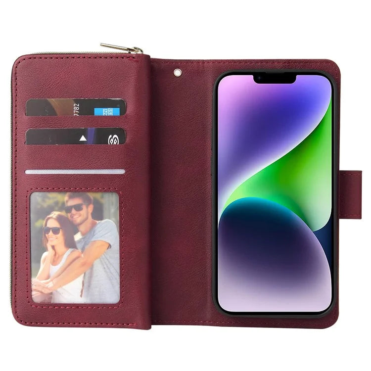 For iPhone 14 Plus Case Zipper Pocket TPU+PU Leather Phone Stand Cover
