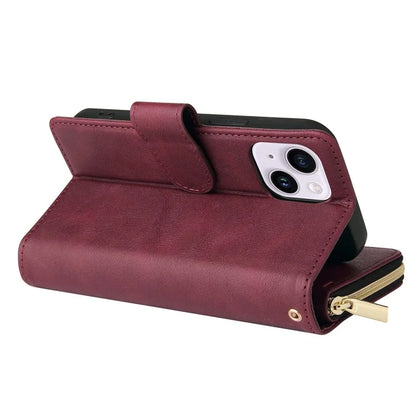 For iPhone 14 Plus Case Zipper Pocket TPU+PU Leather Phone Stand Cover