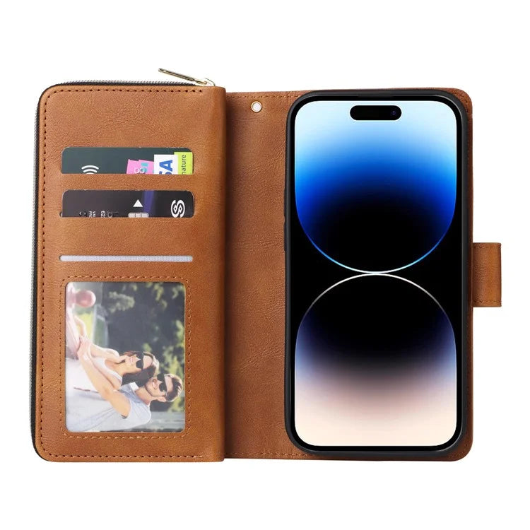 For iPhone 14 Pro Case Zipper Pocket TPU+PU Leather Flip Stand Phone Shell