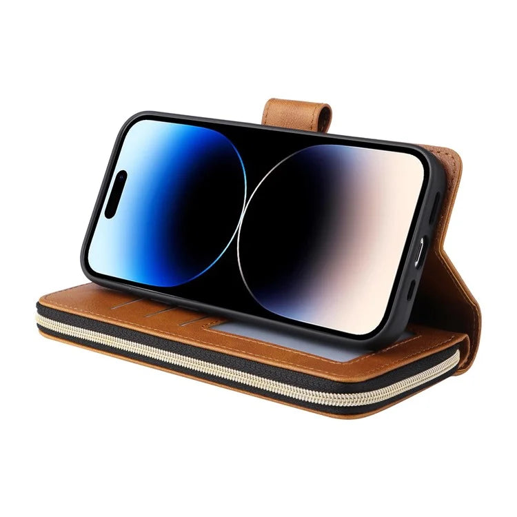 For iPhone 14 Pro Case Zipper Pocket TPU+PU Leather Flip Stand Phone Shell