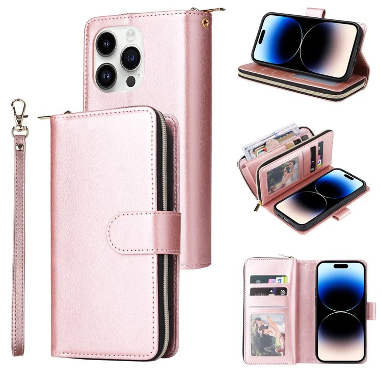 For iPhone 14 Pro Case Zipper Pocket TPU+PU Leather Flip Stand Phone Shell