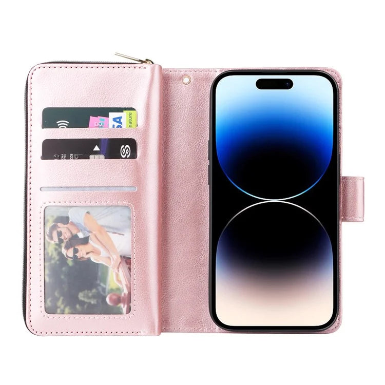 For iPhone 14 Pro Case Zipper Pocket TPU+PU Leather Flip Stand Phone Shell