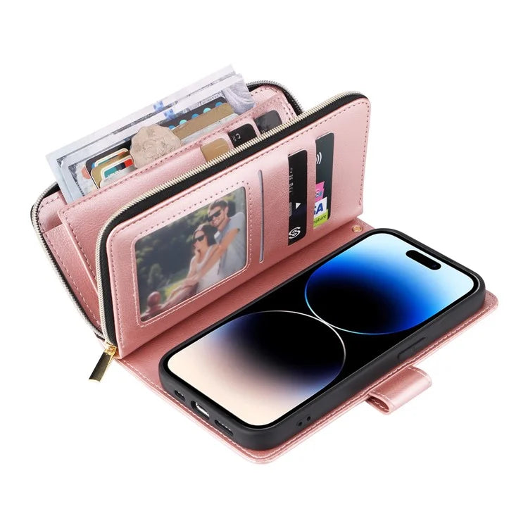 For iPhone 14 Pro Case Zipper Pocket TPU+PU Leather Flip Stand Phone Shell