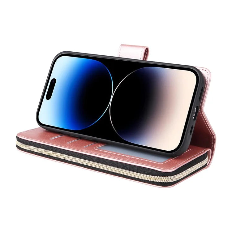 For iPhone 14 Pro Case Zipper Pocket TPU+PU Leather Flip Stand Phone Shell