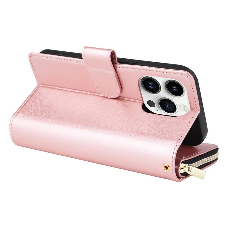For iPhone 14 Pro Case Zipper Pocket TPU+PU Leather Flip Stand Phone Shell