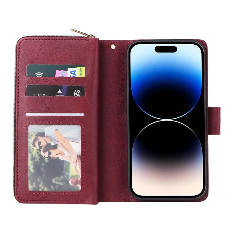 For iPhone 14 Pro Case Zipper Pocket TPU+PU Leather Flip Stand Phone Shell