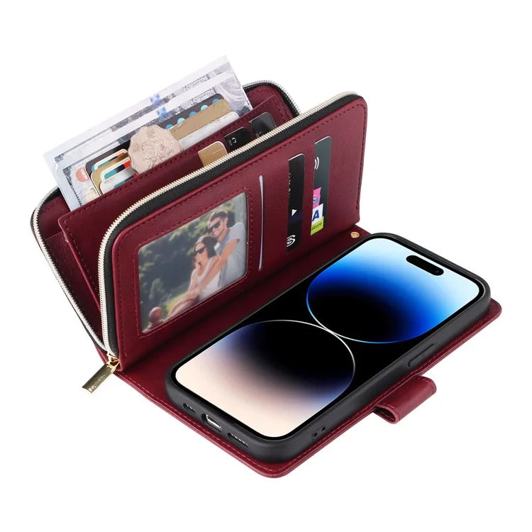 For iPhone 14 Pro Case Zipper Pocket TPU+PU Leather Flip Stand Phone Shell