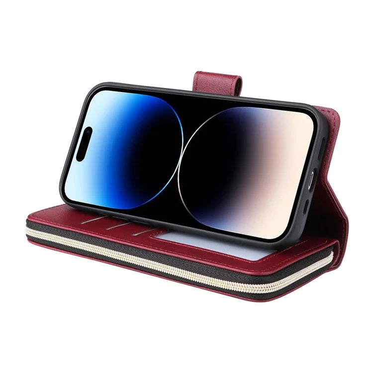 For iPhone 14 Pro Case Zipper Pocket TPU+PU Leather Flip Stand Phone Shell