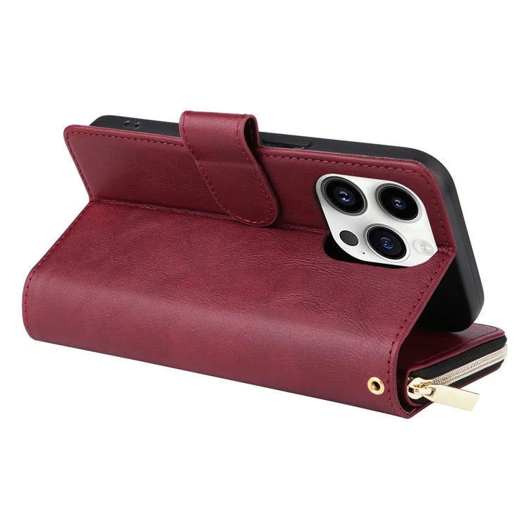 For iPhone 14 Pro Case Zipper Pocket TPU+PU Leather Flip Stand Phone Shell
