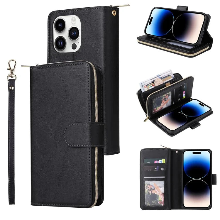 For iPhone 14 Pro Case Zipper Pocket TPU+PU Leather Flip Stand Phone Shell