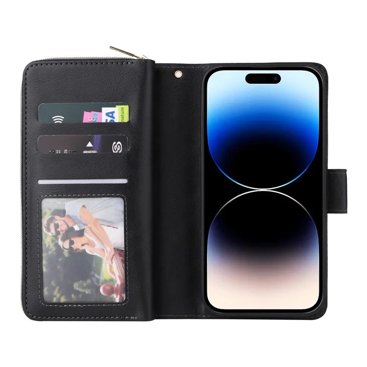 For iPhone 14 Pro Case Zipper Pocket TPU+PU Leather Flip Stand Phone Shell