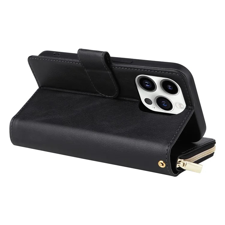For iPhone 14 Pro Case Zipper Pocket TPU+PU Leather Flip Stand Phone Shell
