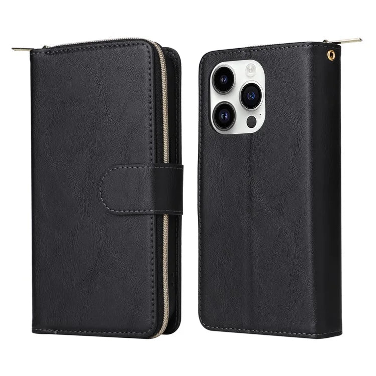 For iPhone 14 Pro Case Zipper Pocket TPU+PU Leather Flip Stand Phone Shell