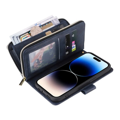 For iPhone 14 Pro Case Zipper Pocket TPU+PU Leather Flip Stand Phone Shell