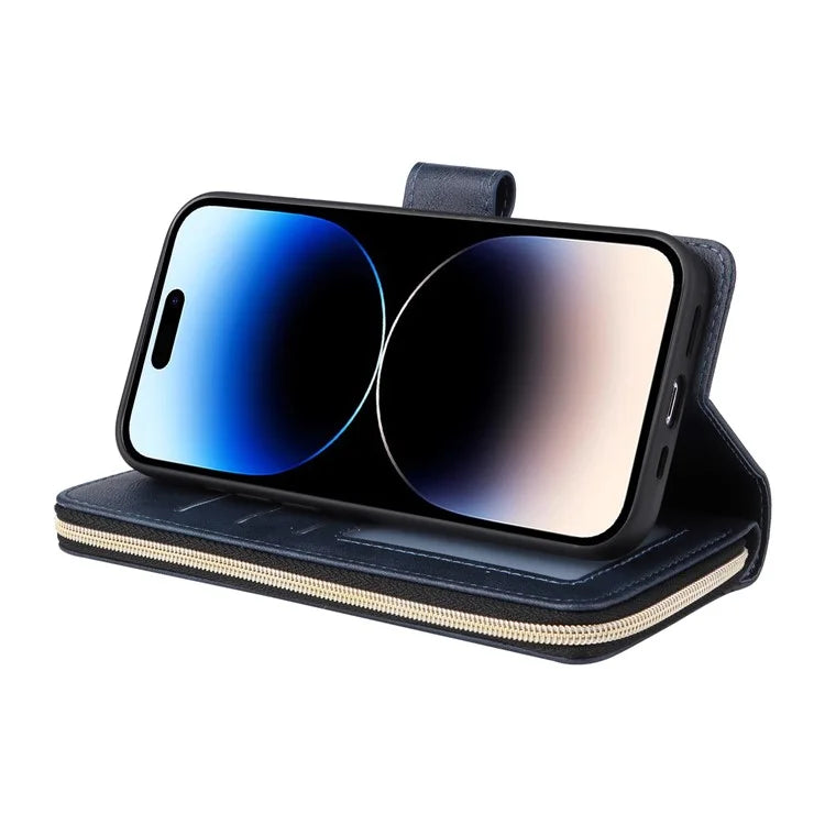 For iPhone 14 Pro Case Zipper Pocket TPU+PU Leather Flip Stand Phone Shell