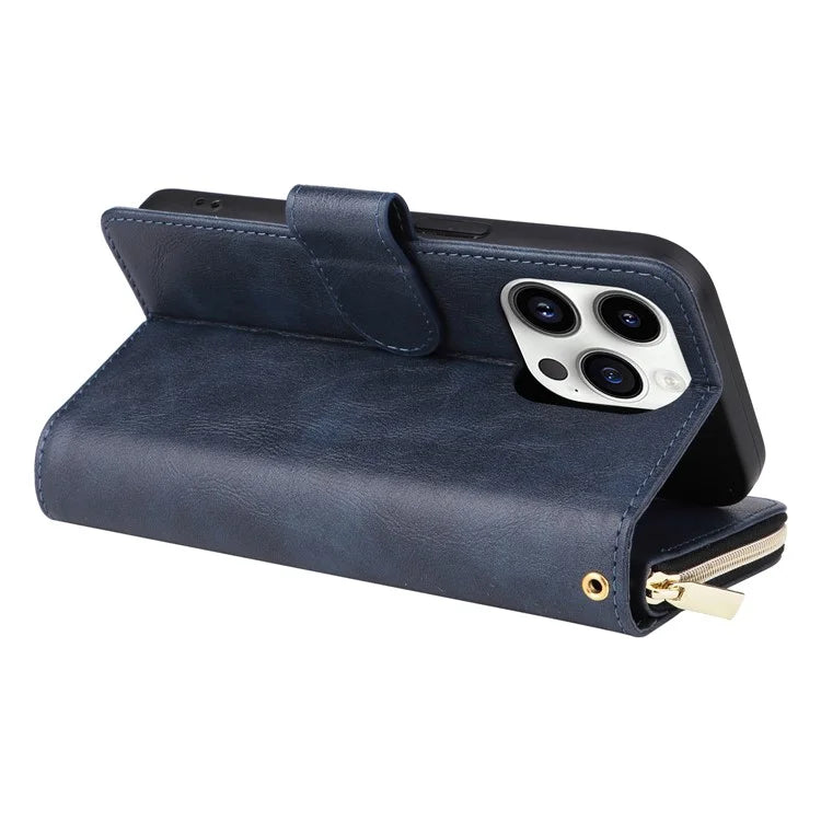 For iPhone 14 Pro Case Zipper Pocket TPU+PU Leather Flip Stand Phone Shell