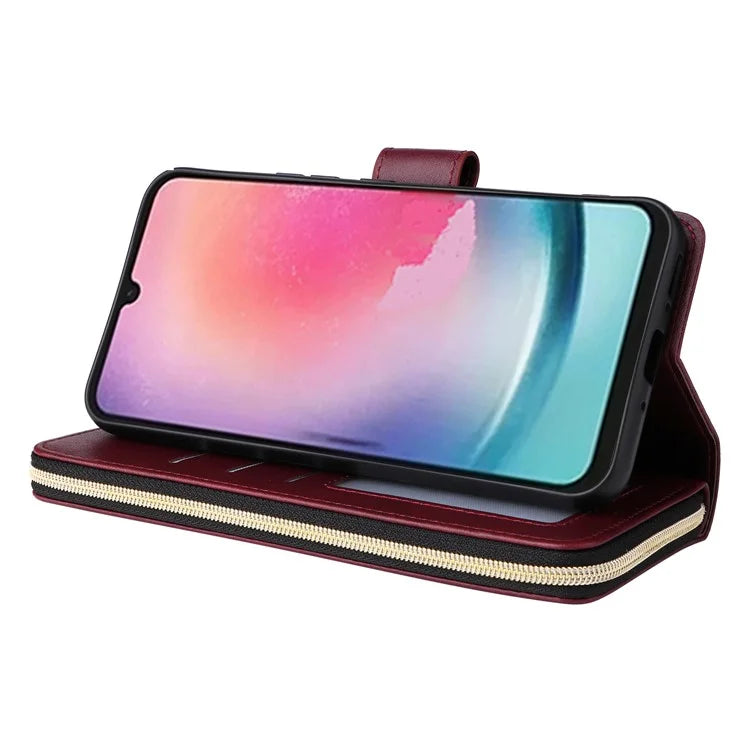 For Samsung Galaxy A24 4G (162.1 x 77.6 x 8.3mm) Leather Case Wallet Zippered Stand Phone Cover