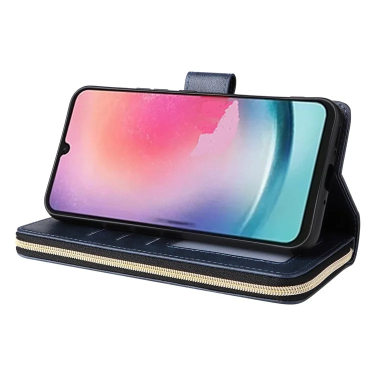 For Samsung Galaxy A24 4G (162.1 x 77.6 x 8.3mm) Leather Case Wallet Zippered Stand Phone Cover