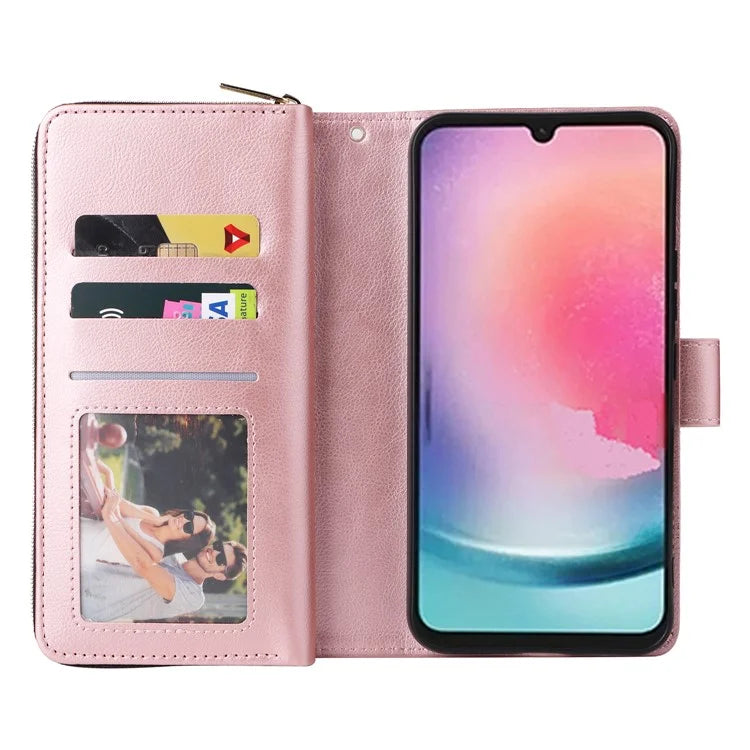 For Samsung Galaxy A24 4G (162.1 x 77.6 x 8.3mm) Leather Case Wallet Zippered Stand Phone Cover